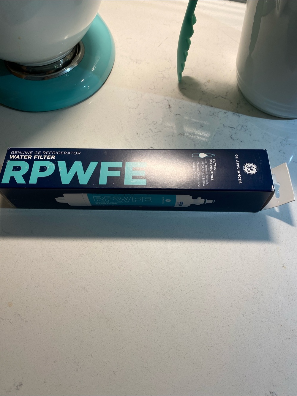 GE RPWFE Refrigerator Water Filter - Teal & Navy Box